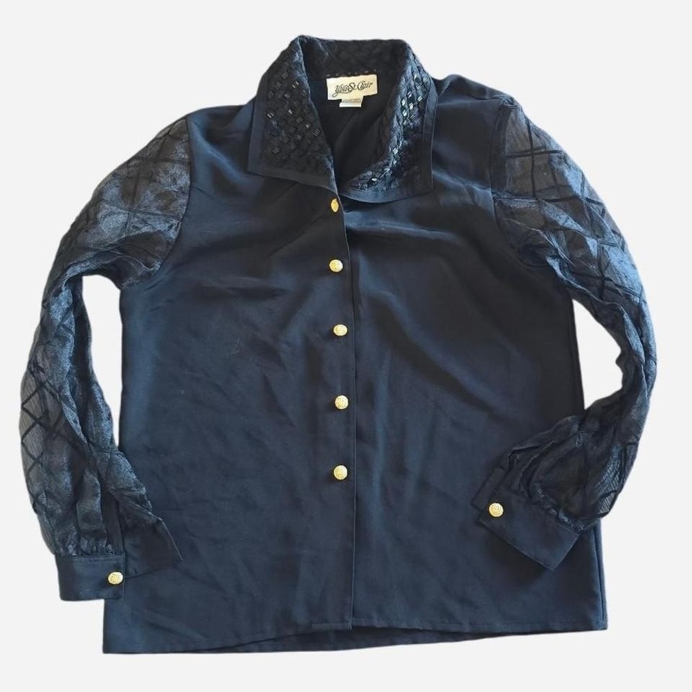 WOMENS‎ VINTAGE BLACK YVES ST CLAIR BUTTON UP WITH SHEER SLEEVES